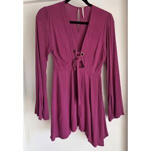 Free People Women's Mini Dress Size 2 Purple Flowy Boho Trumpet Sleeves